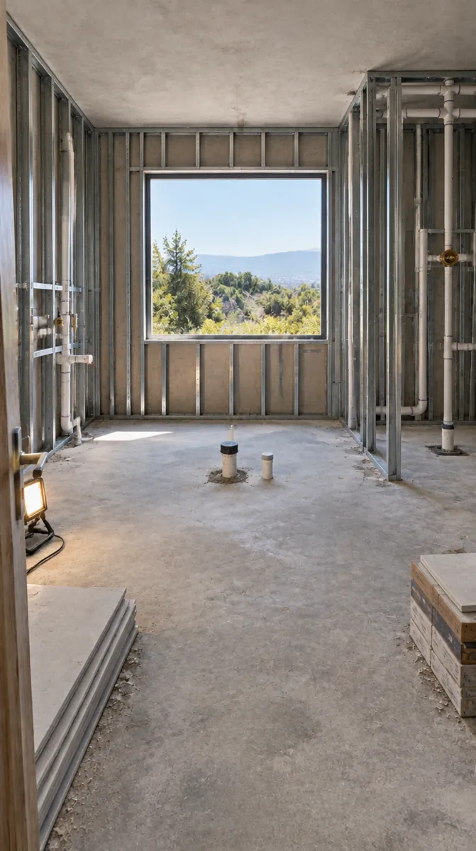 Baño en obra: estructura de metalcon y cañerías a la vista